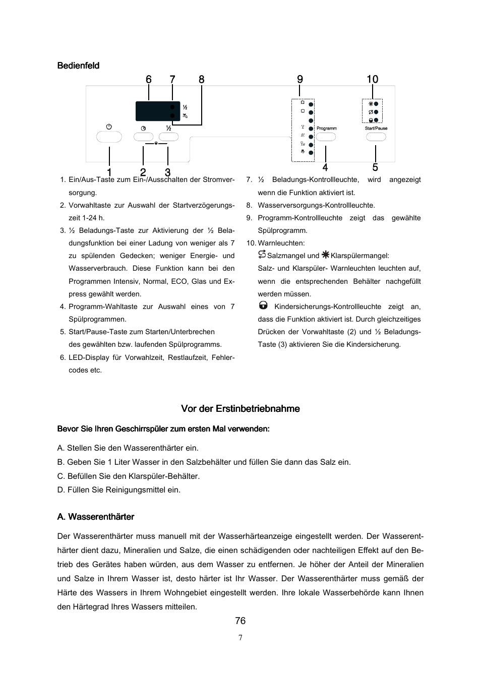 Vor der erstinbetriebnahme, Bedienfeld, A. wasserenthärter | Campomatic DW911ES User Manual | Page 78 / 99
