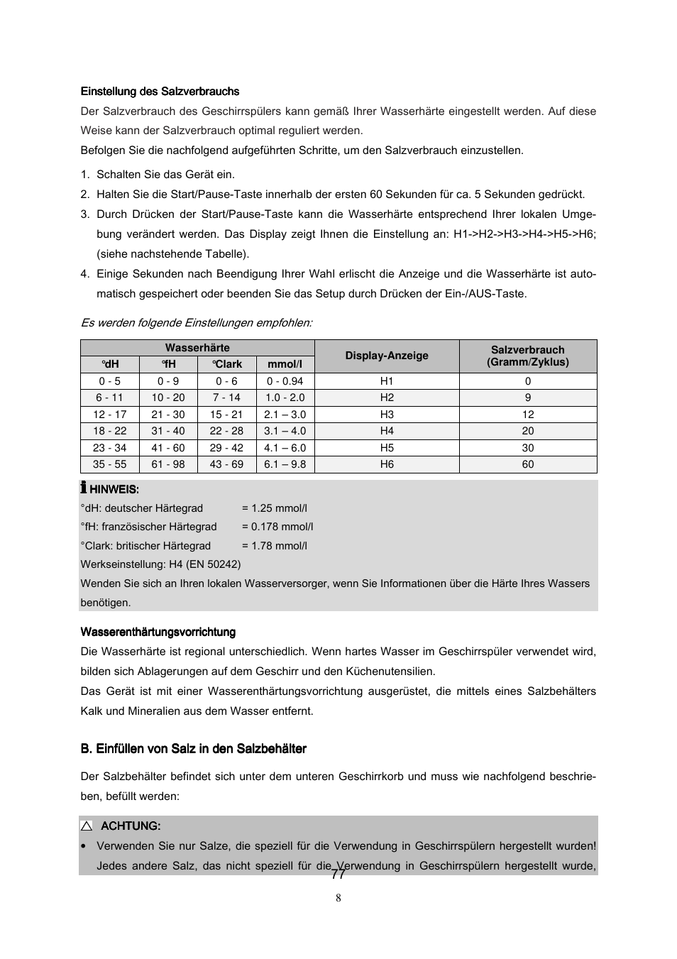 B. einfüllen von salz in den salzbehälter | Campomatic DW911ES User Manual | Page 79 / 99