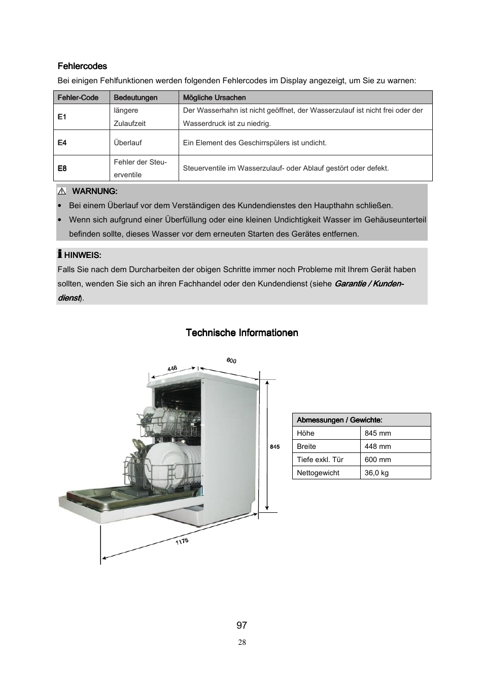 Technische information, Fehlercodes | Campomatic DW911ES User Manual | Page 99 / 99