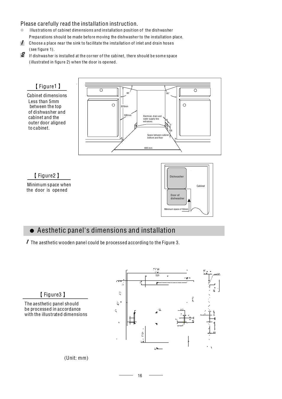 Aesthetic panel's dimensions and installation, Please carefully read the installation instruction, Figure2 | Figure1, Figure3 | Campomatic DW924BI User Manual | Page 19 / 28