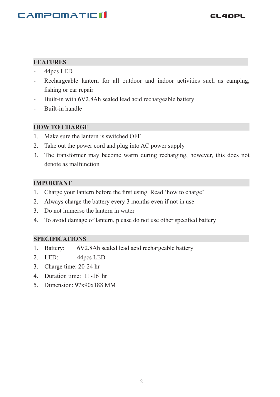 El40pl | Campomatic EL40PL User Manual | Page 3 / 3