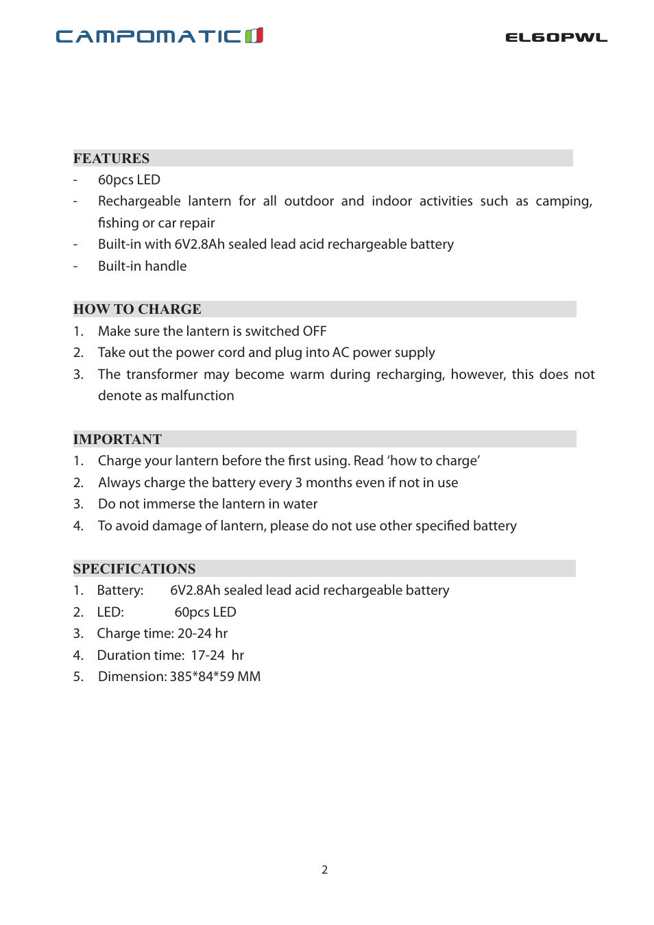 El60pwl | Campomatic EL60PWL User Manual | Page 3 / 3