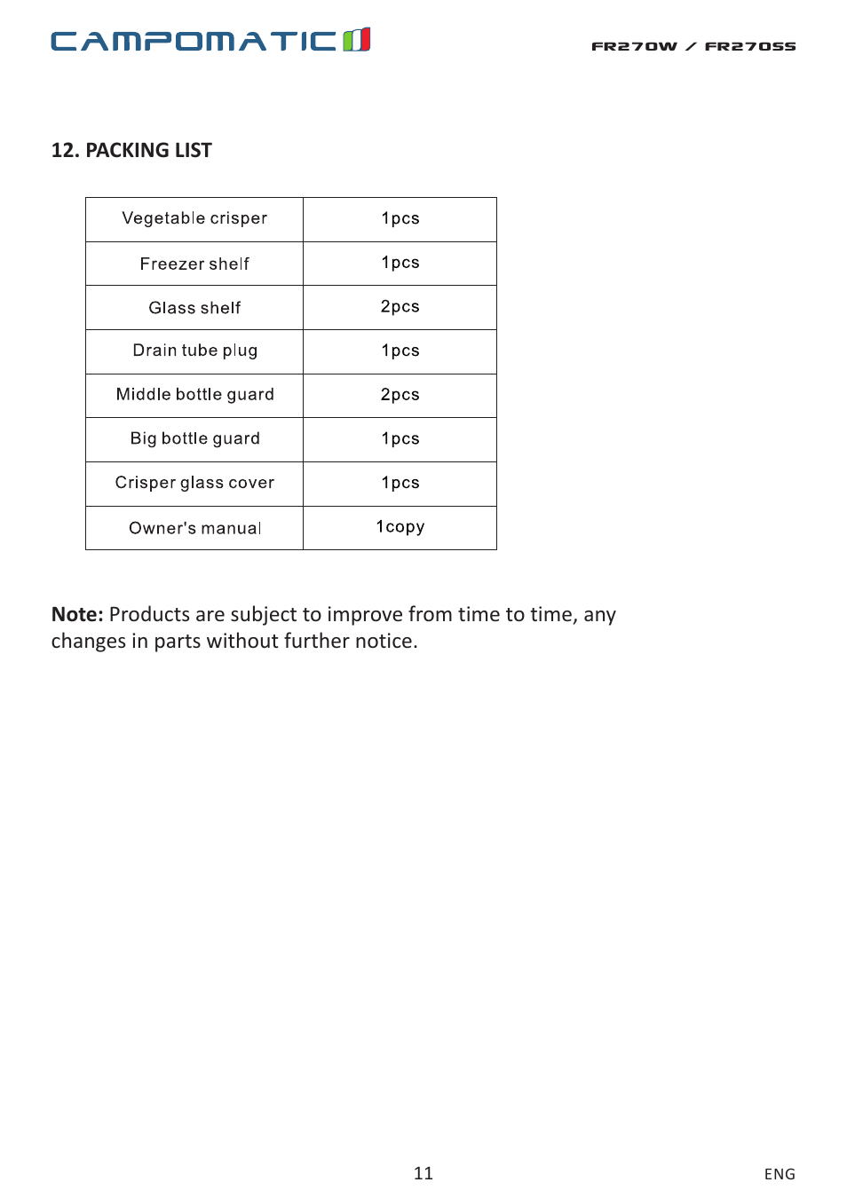 Campomatic FR270W User Manual | Page 11 / 20