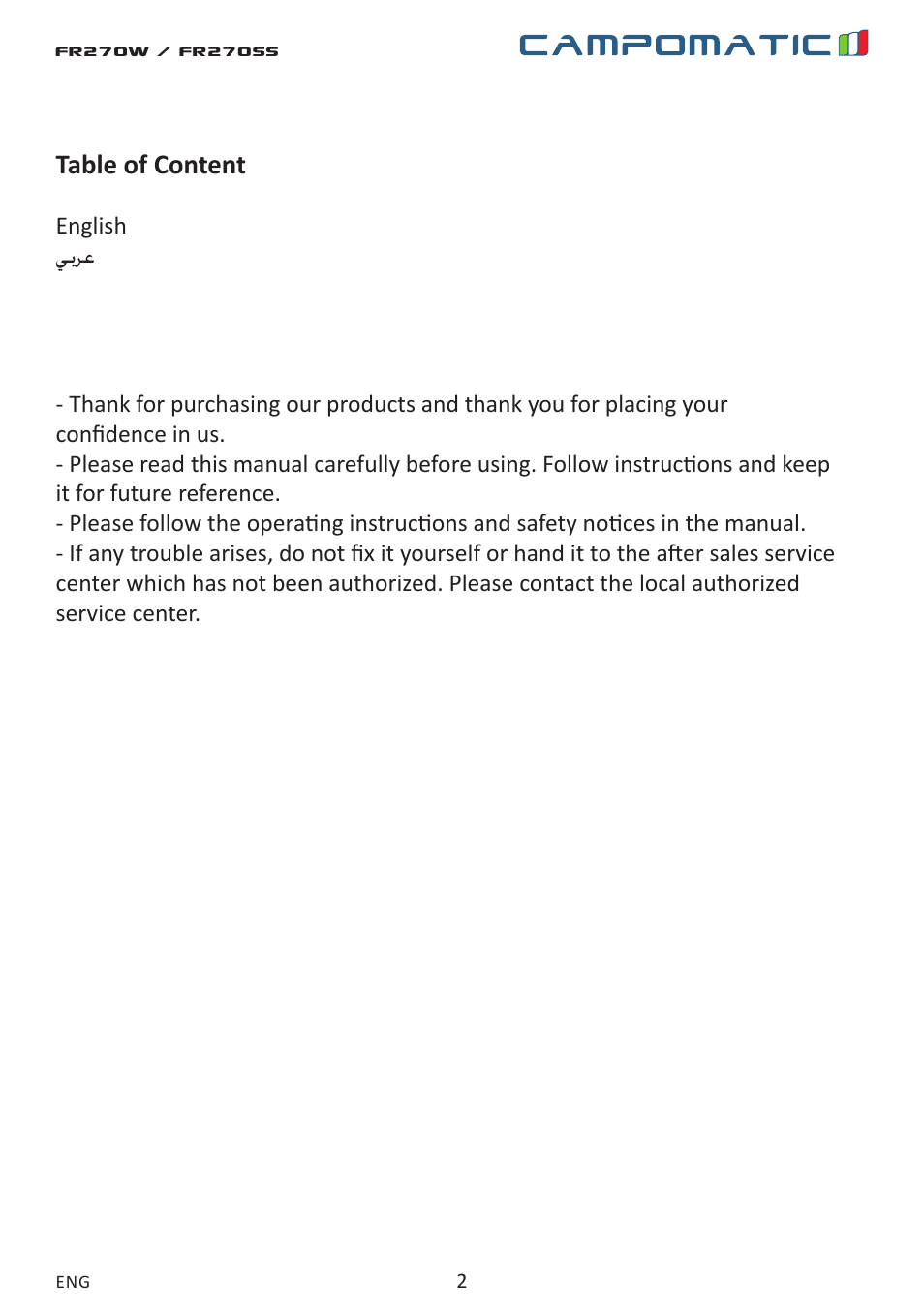Campomatic FR270W User Manual | Page 2 / 20
