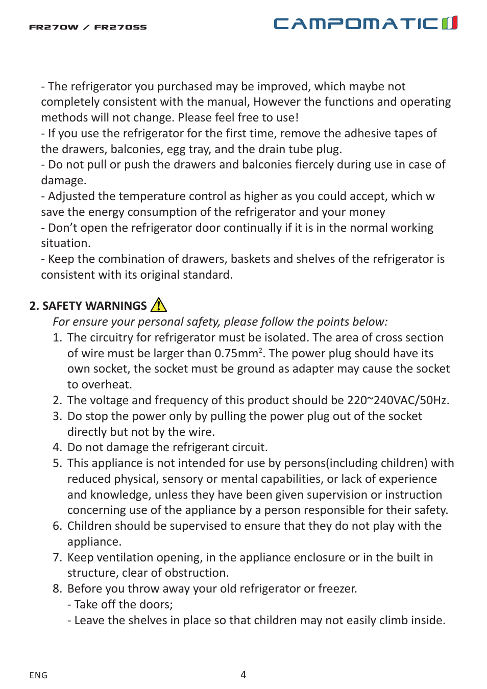 Campomatic FR270W User Manual | Page 4 / 20