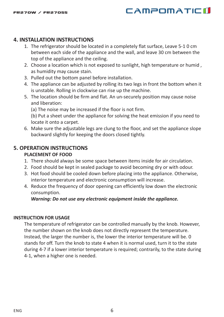 Campomatic FR270W User Manual | Page 6 / 20