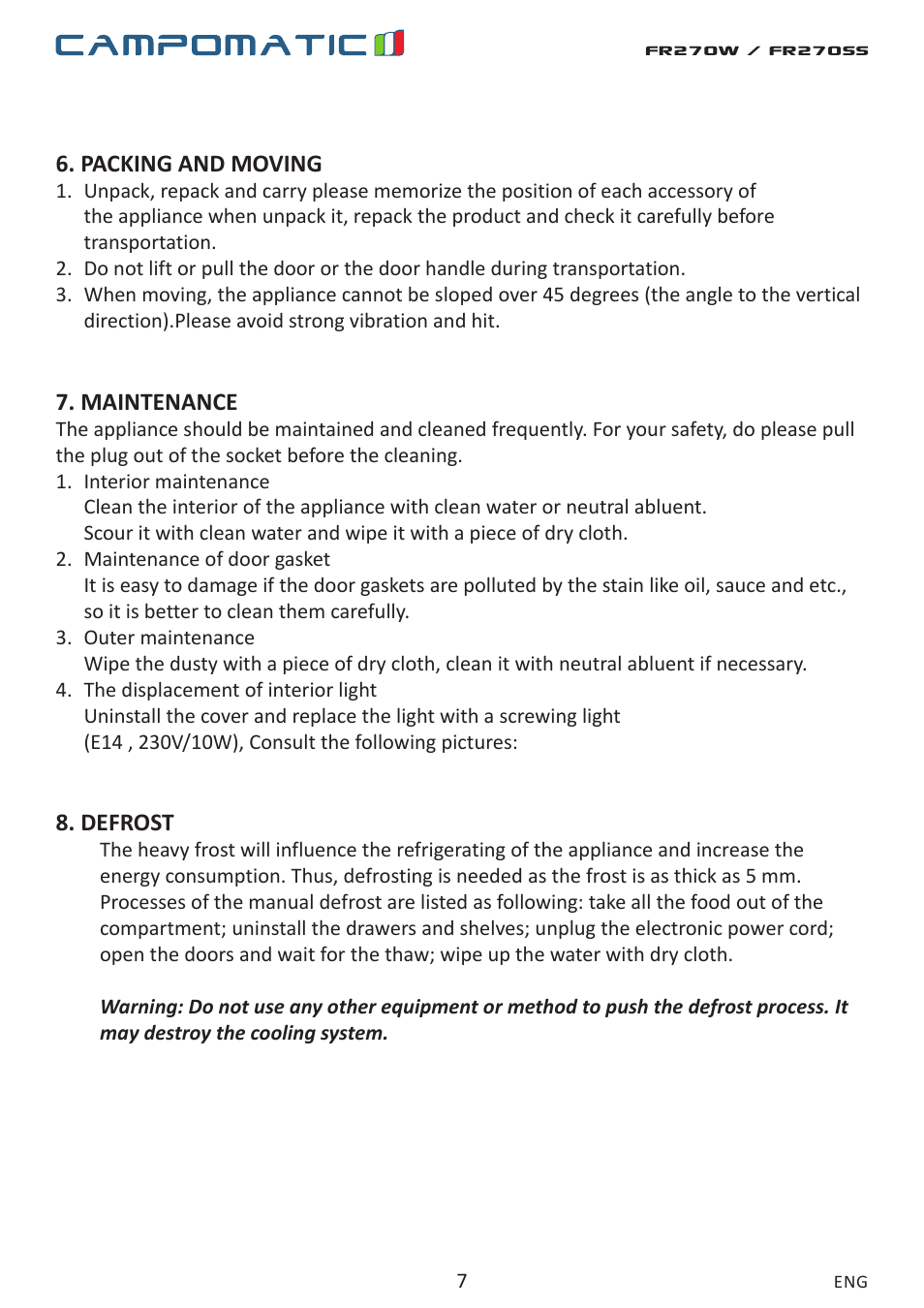 Campomatic FR270W User Manual | Page 7 / 20