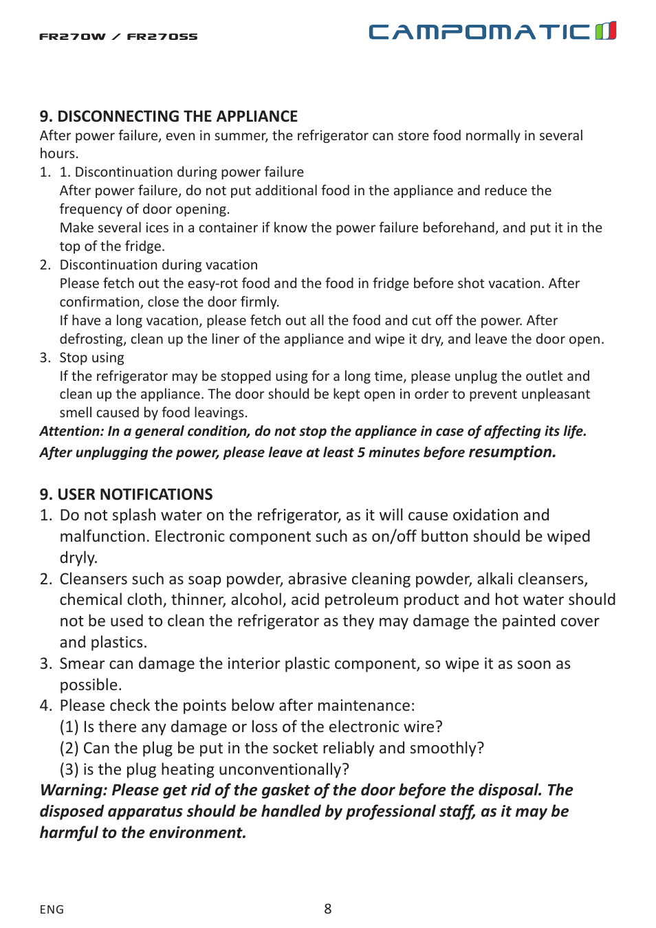 Campomatic FR270W User Manual | Page 8 / 20