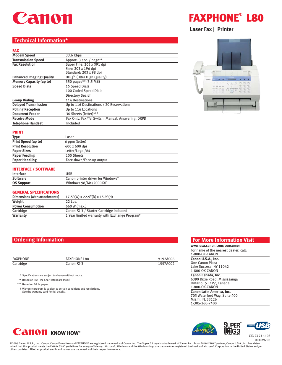 Faxphone, Technical information, For more information visit | Laser fax | printer ordering information | Canon L80 User Manual | Page 2 / 2