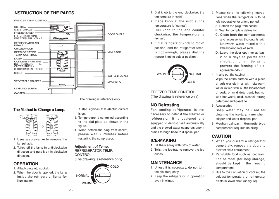 Instruction of the parts, No defrosting, Ice-making | Maintenance, Caution, The method to change a lamp, Operation | Campomatic FR440 User Manual | Page 2 / 2