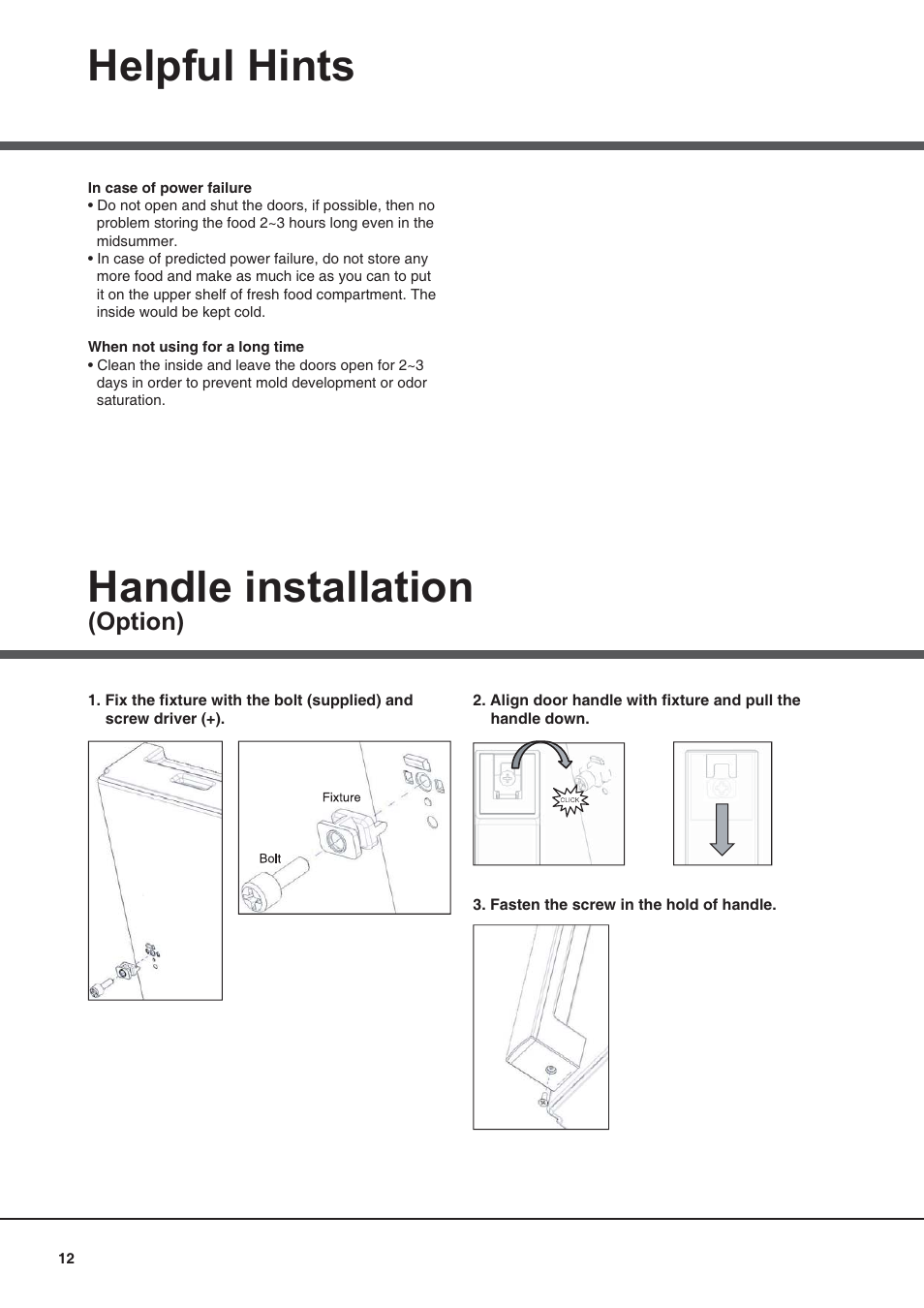 Helpful hints, Handle installation, Option) | Campomatic FR770K User Manual | Page 12 / 12