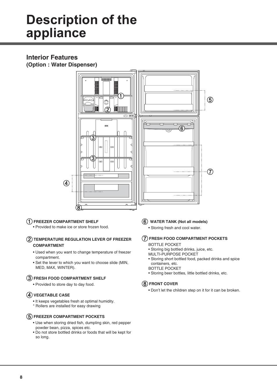 Description of the appliance, Interior features, Option : water dispenser) | Campomatic FR770K User Manual | Page 8 / 12