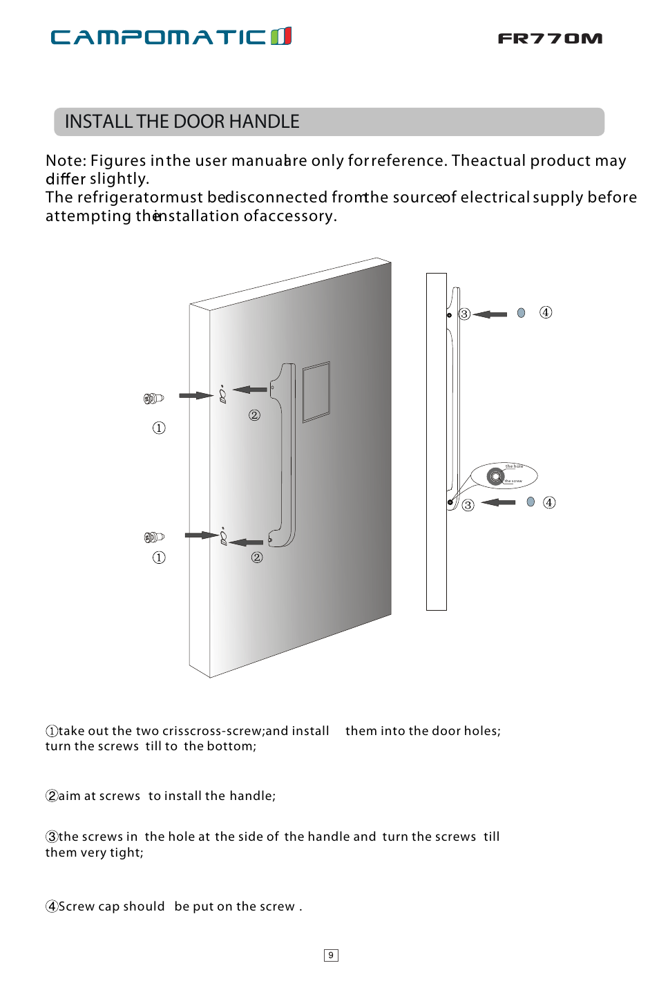 Ò³ãæ 12, Fr770m, Install the door handle | Campomatic FR770M User Manual | Page 11 / 14