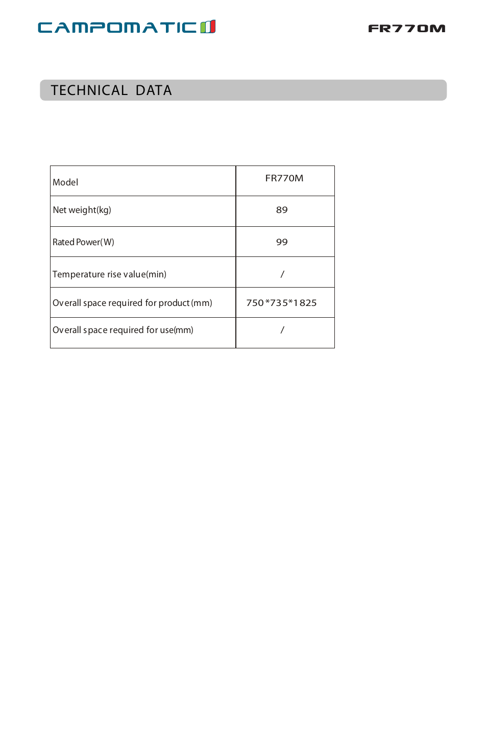 Ò³ãæ 14, Fr770m, Technical data | Campomatic FR770M User Manual | Page 13 / 14
