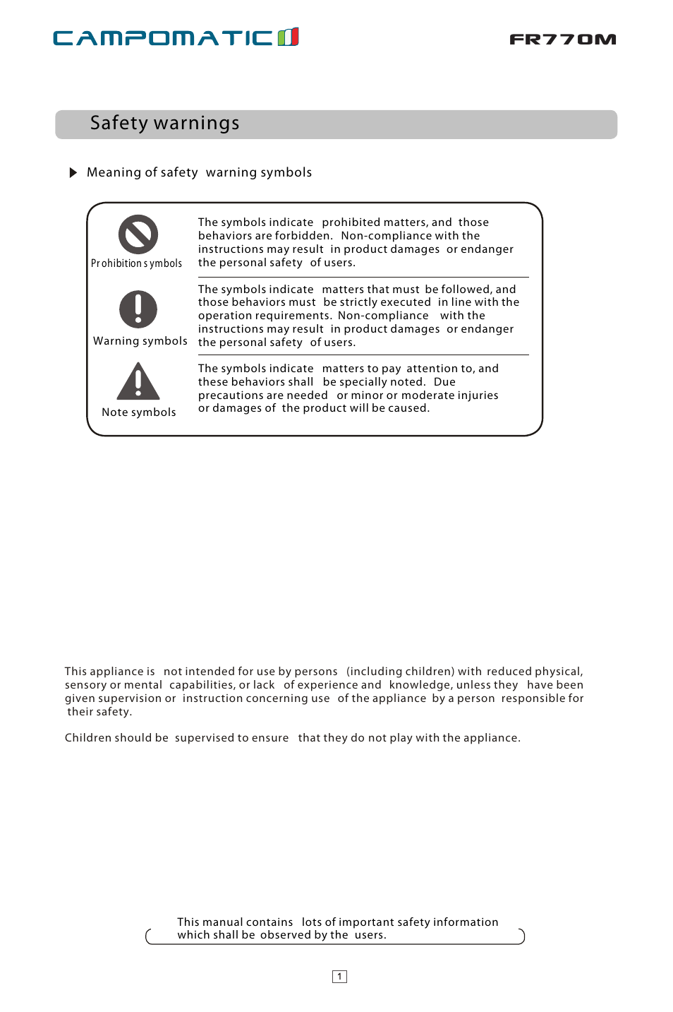 Ò³ãæ 4, Fr770m, Safety warnings | Campomatic FR770M User Manual | Page 3 / 14