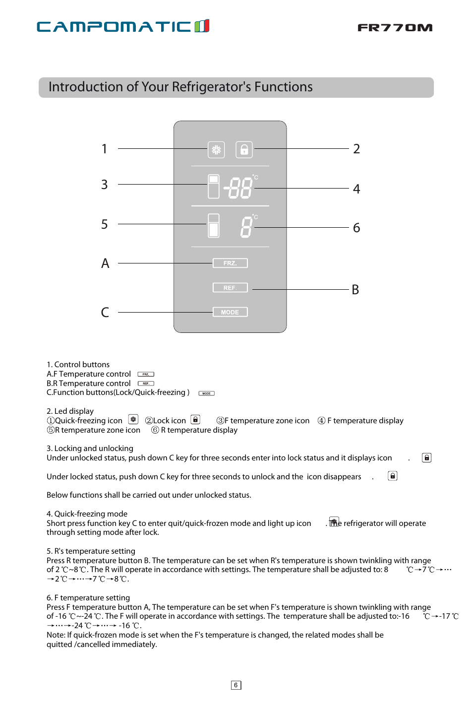Ò³ãæ 9, Fr770m, Introduction of your refrigerator's functions | Campomatic FR770M User Manual | Page 8 / 14