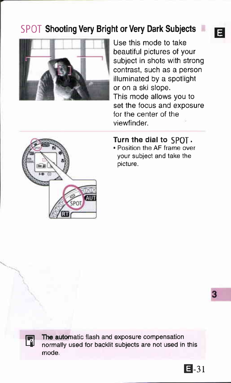 Spot shooting very bright or very dark subjects, Spot shooting very bright or very dark, B-31 | Canon Z90W User Manual | Page 31 / 59