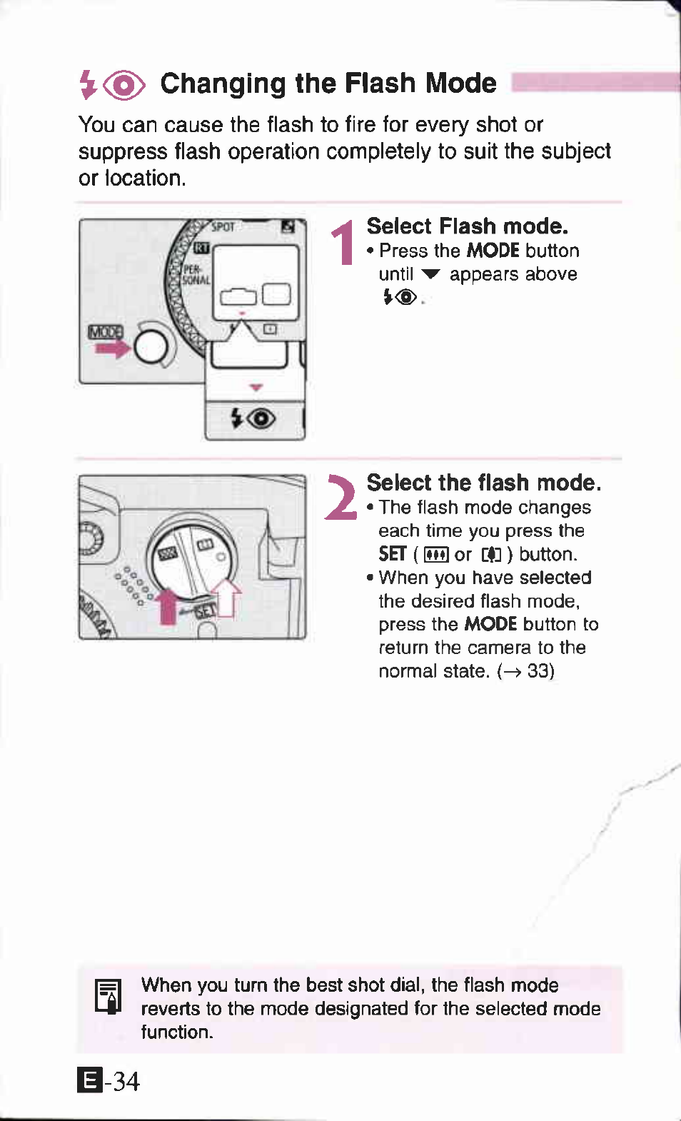 Select flash mode, Select the flash mode, S-34 | Canon Z90W User Manual | Page 34 / 59