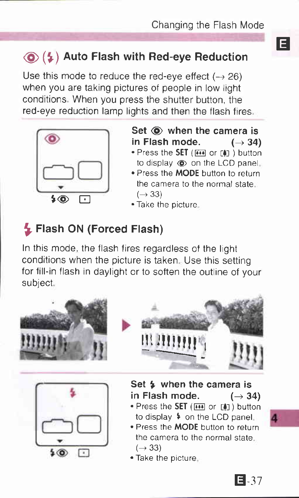 Auto flash with red-eye reduction, Flash on (forced flash), B-37 | Ii'.tiimir | Canon Z90W User Manual | Page 37 / 59