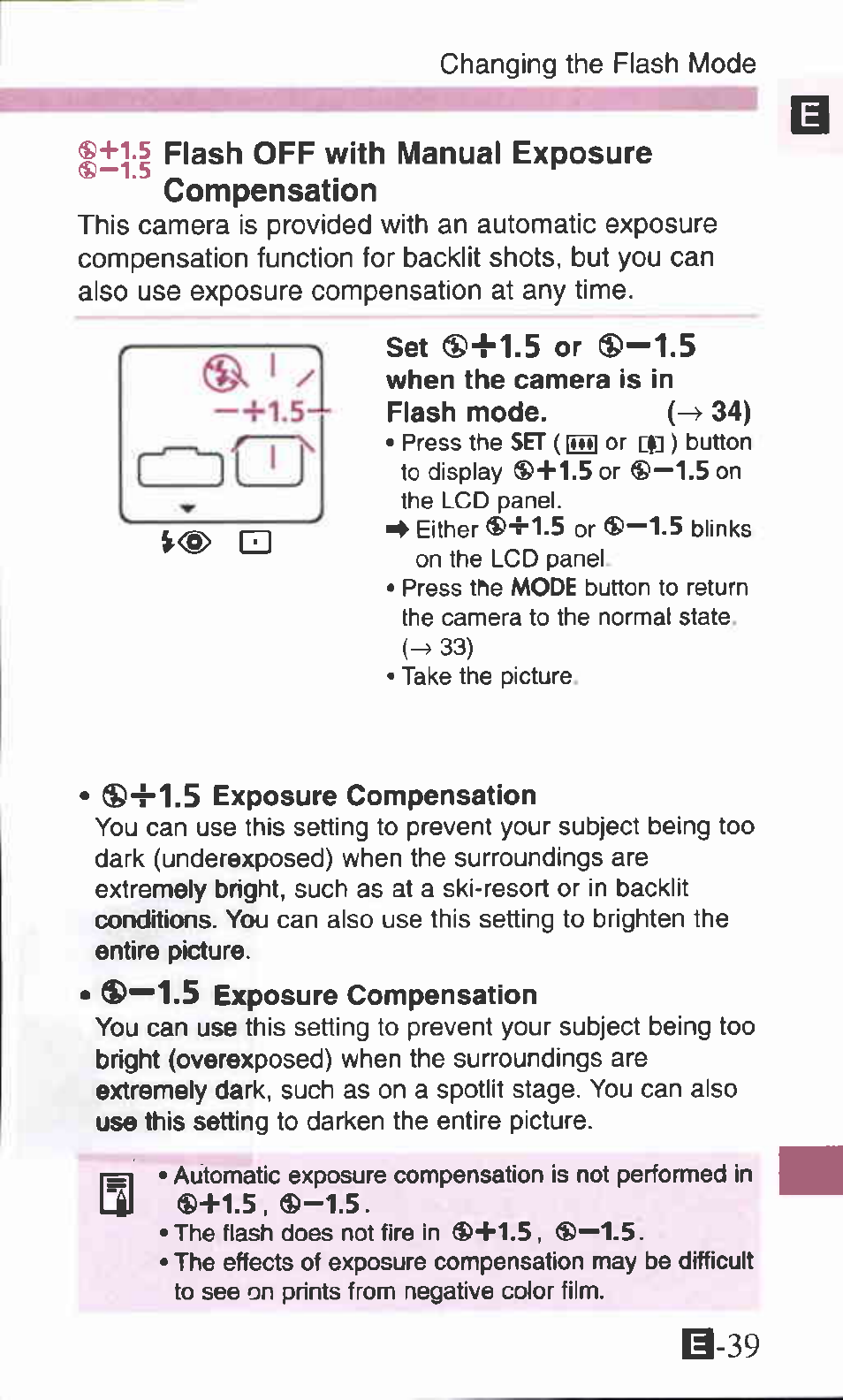 L+ll flash off with manual exposure compensation, Set ®+1.5 or ®—1.5, B-39 | Canon Z90W User Manual | Page 39 / 59