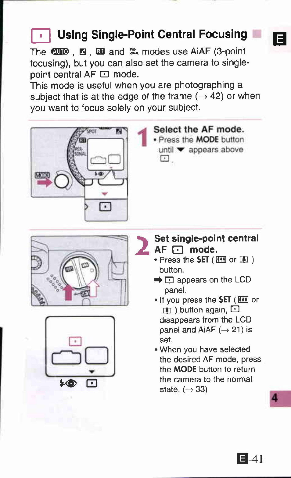 I ■ i using single-point central focusing, Set single-point central af gd mode, Cd using single-point central focusing | B-41 | Canon Z90W User Manual | Page 41 / 59