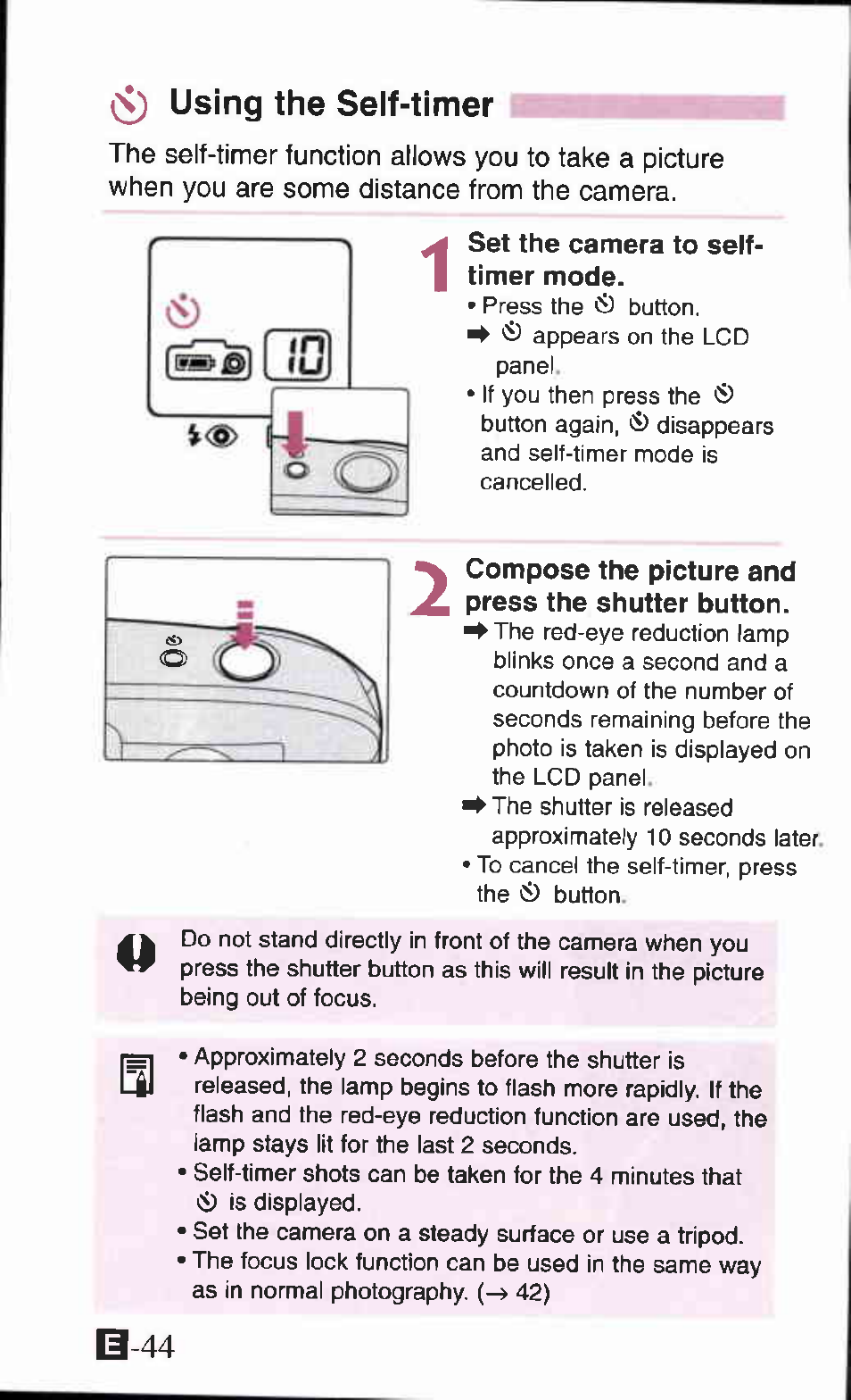 Using the self-timer, Set the camera to self, Compose the picture and press the shutter button | Ci) using the self-timer, B-44 | Canon Z90W User Manual | Page 44 / 59