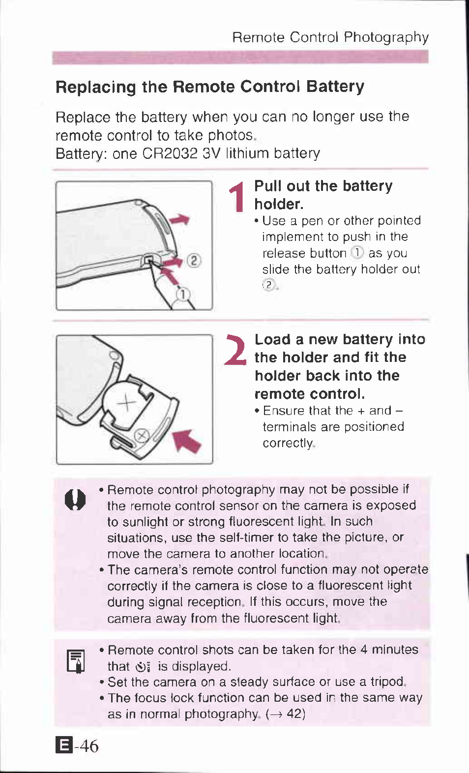 Replacing the remote control battery | Canon Z90W User Manual | Page 46 / 59