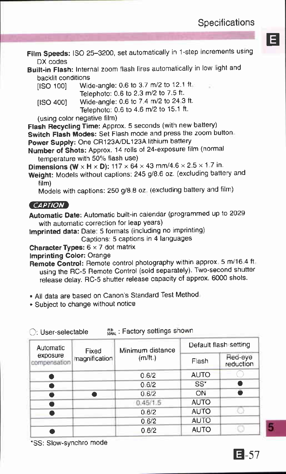 Specifications | Canon Z90W User Manual | Page 57 / 59