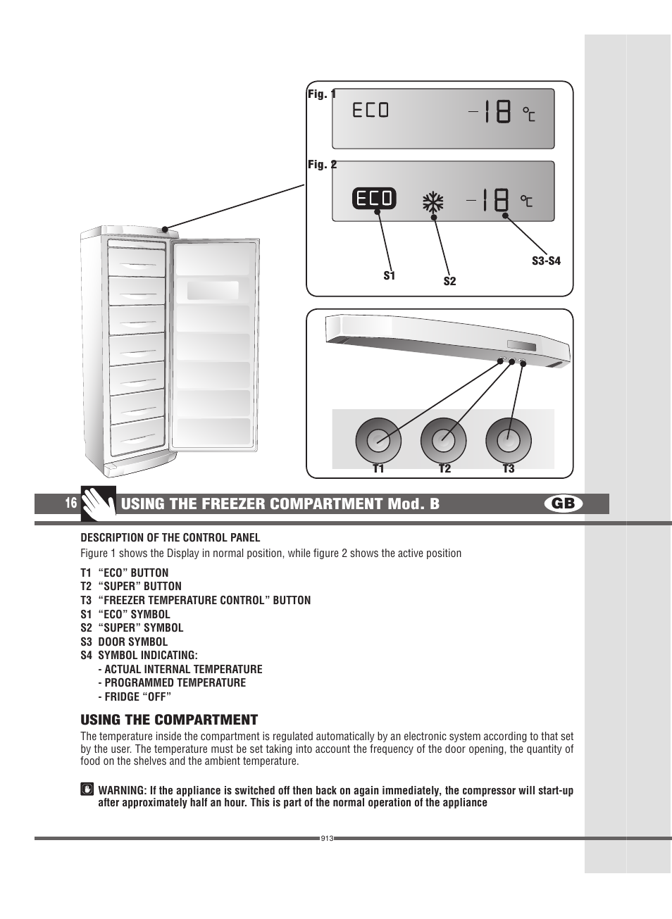 Gb 16, Using the freezer compartment mod. b | Campomatic FRZ360N User Manual | Page 16 / 48