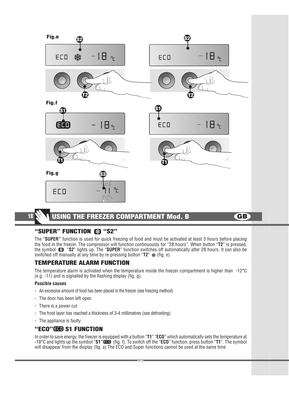 Gb 18, Using the freezer compartment mod. b | Campomatic FRZ360N User Manual | Page 18 / 48