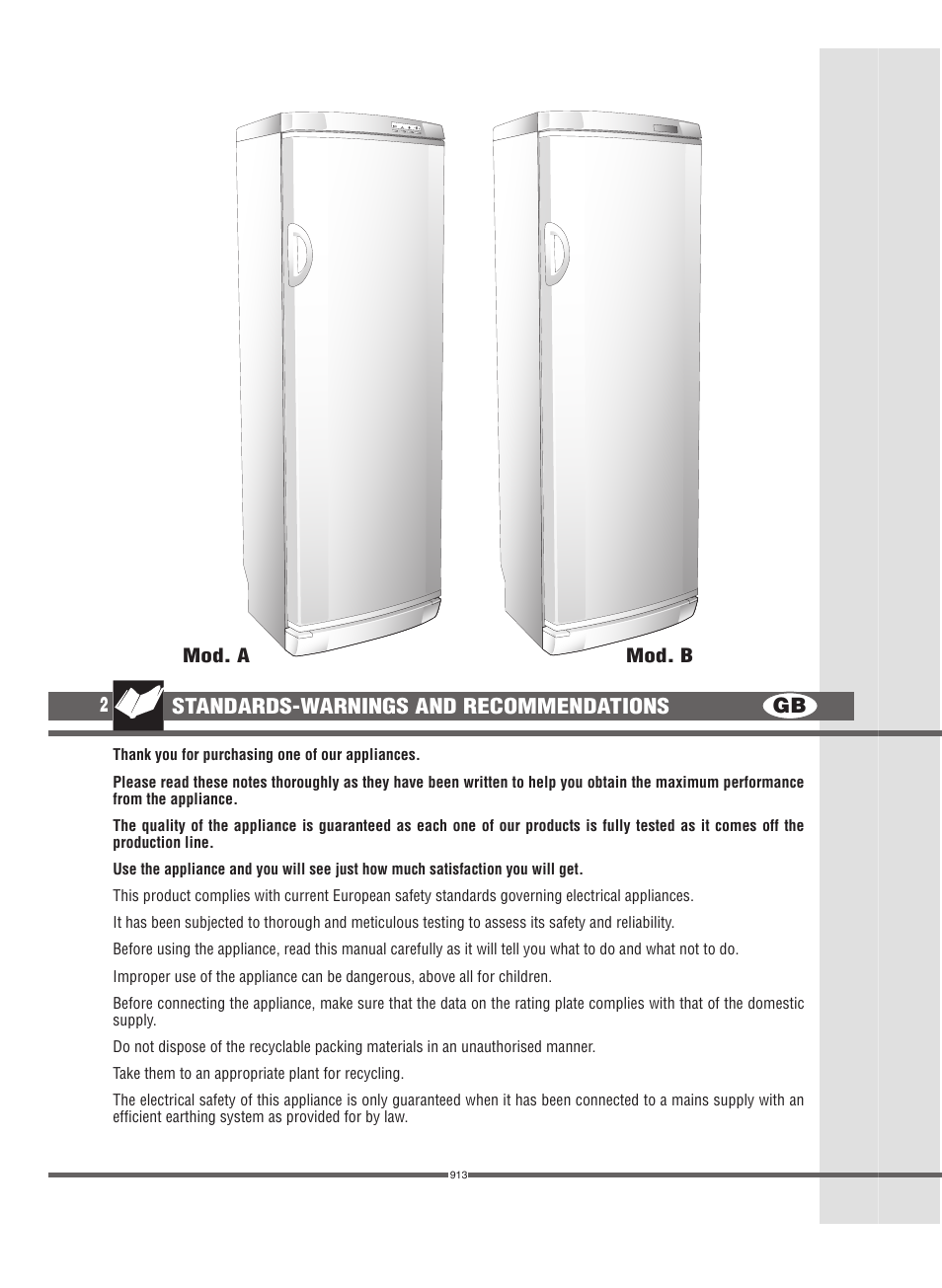 Gb 2, Standards-warnings and recommendations | Campomatic FRZ360N User Manual | Page 2 / 48