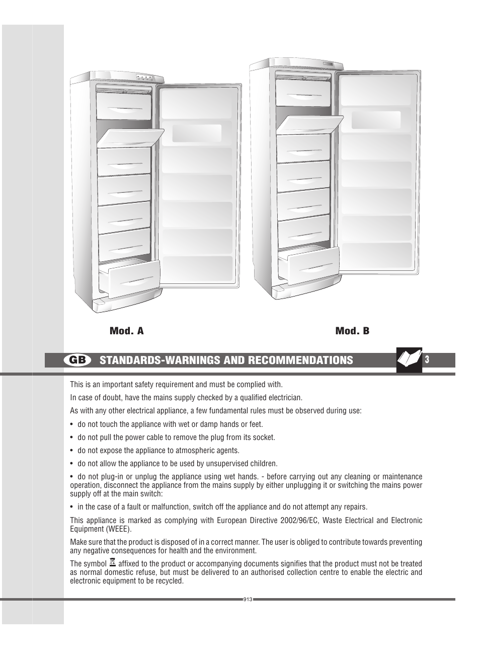 Gb 3, Standards-warnings and recommendations | Campomatic FRZ360N User Manual | Page 3 / 48