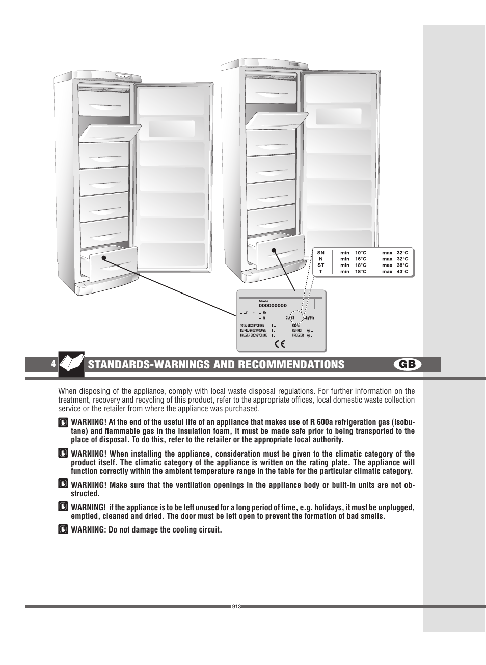 Gb 4, Standards-warnings and recommendations | Campomatic FRZ360N User Manual | Page 4 / 48