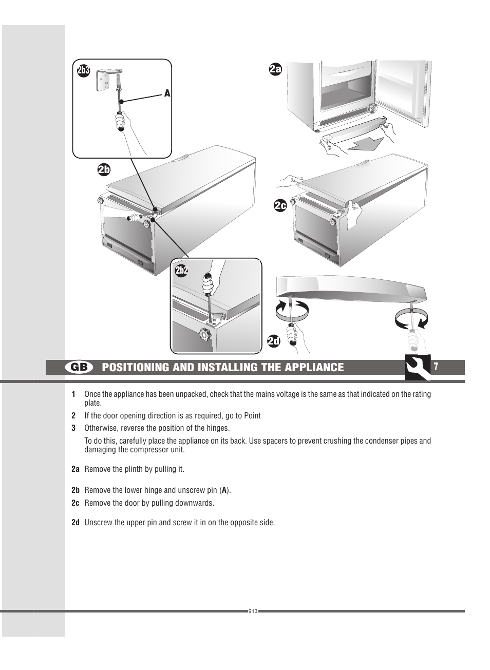 Gb 7, Positioning and installing the appliance | Campomatic FRZ360N User Manual | Page 7 / 48