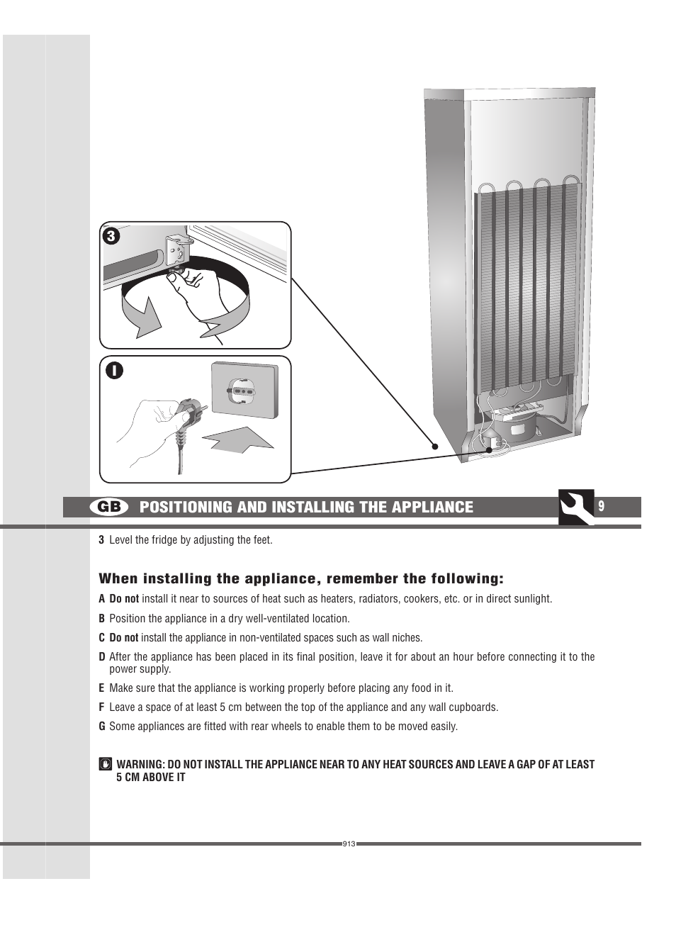 Gb 9, Positioning and installing the appliance | Campomatic FRZ360N User Manual | Page 9 / 48