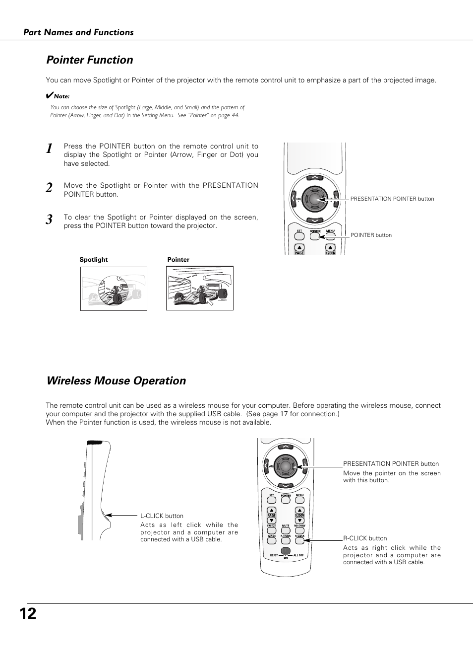 Pointer function, Wireless mouse operation, Part names and functions | Canon LV-X4 LV-7230 User Manual | Page 12 / 64