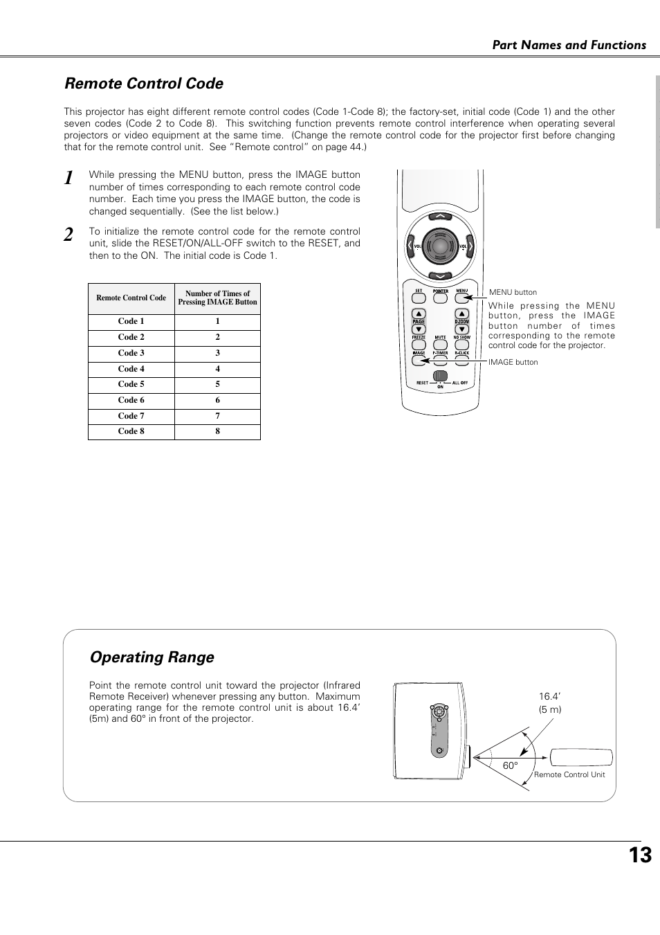 Remote control code, Operating range, Part names and functions | Canon LV-X4 LV-7230 User Manual | Page 13 / 64