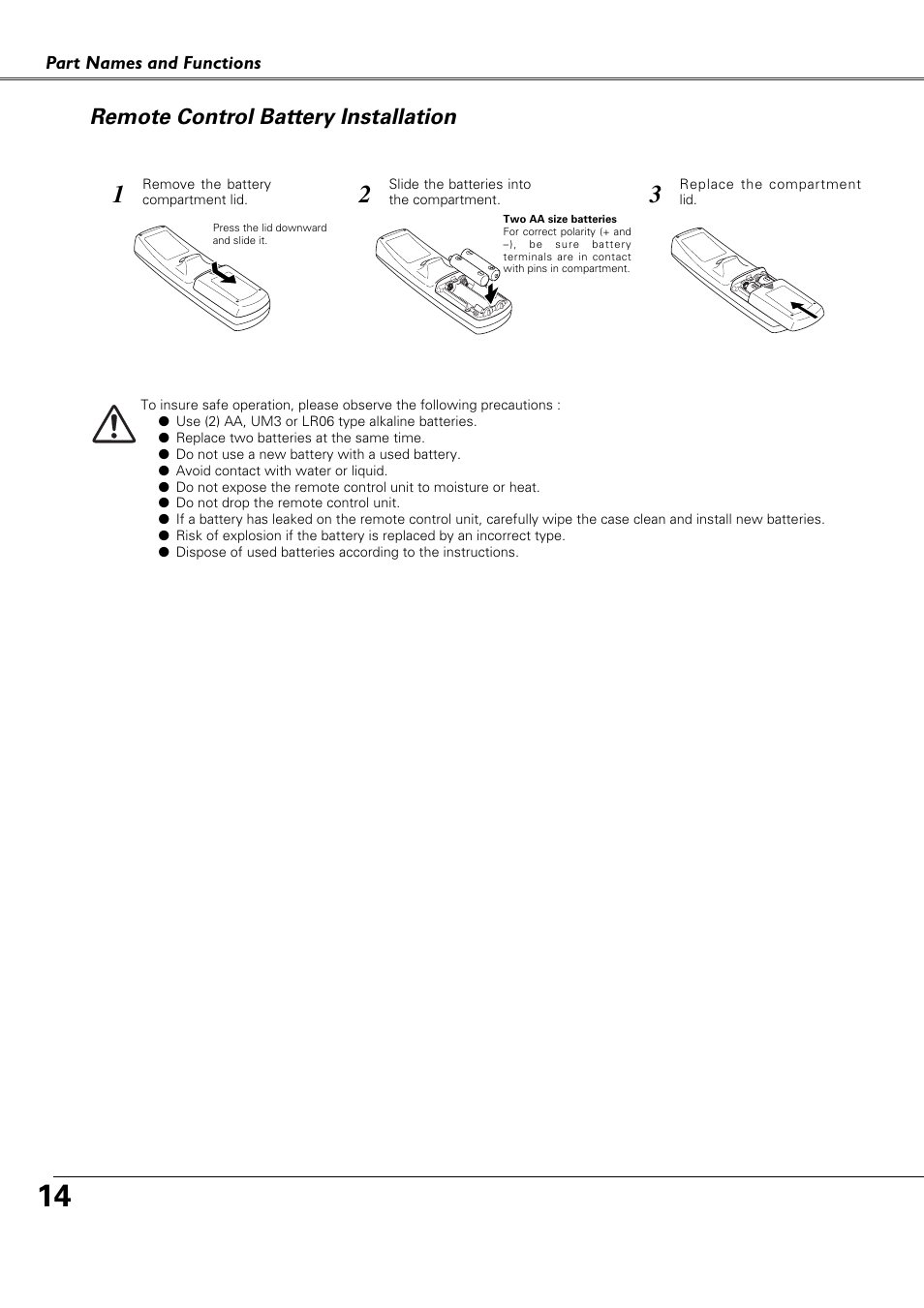 Remote control battery insta, Remote control battery installation | Canon LV-X4 LV-7230 User Manual | Page 14 / 64