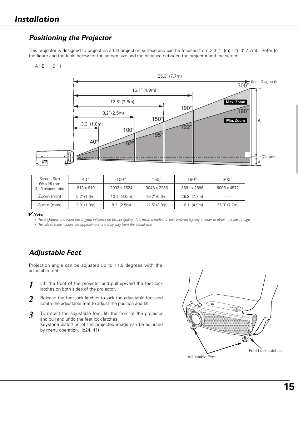 Installation, Positioning the projector, Adjustable feet | Canon LV-X4 LV-7230 User Manual | Page 15 / 64