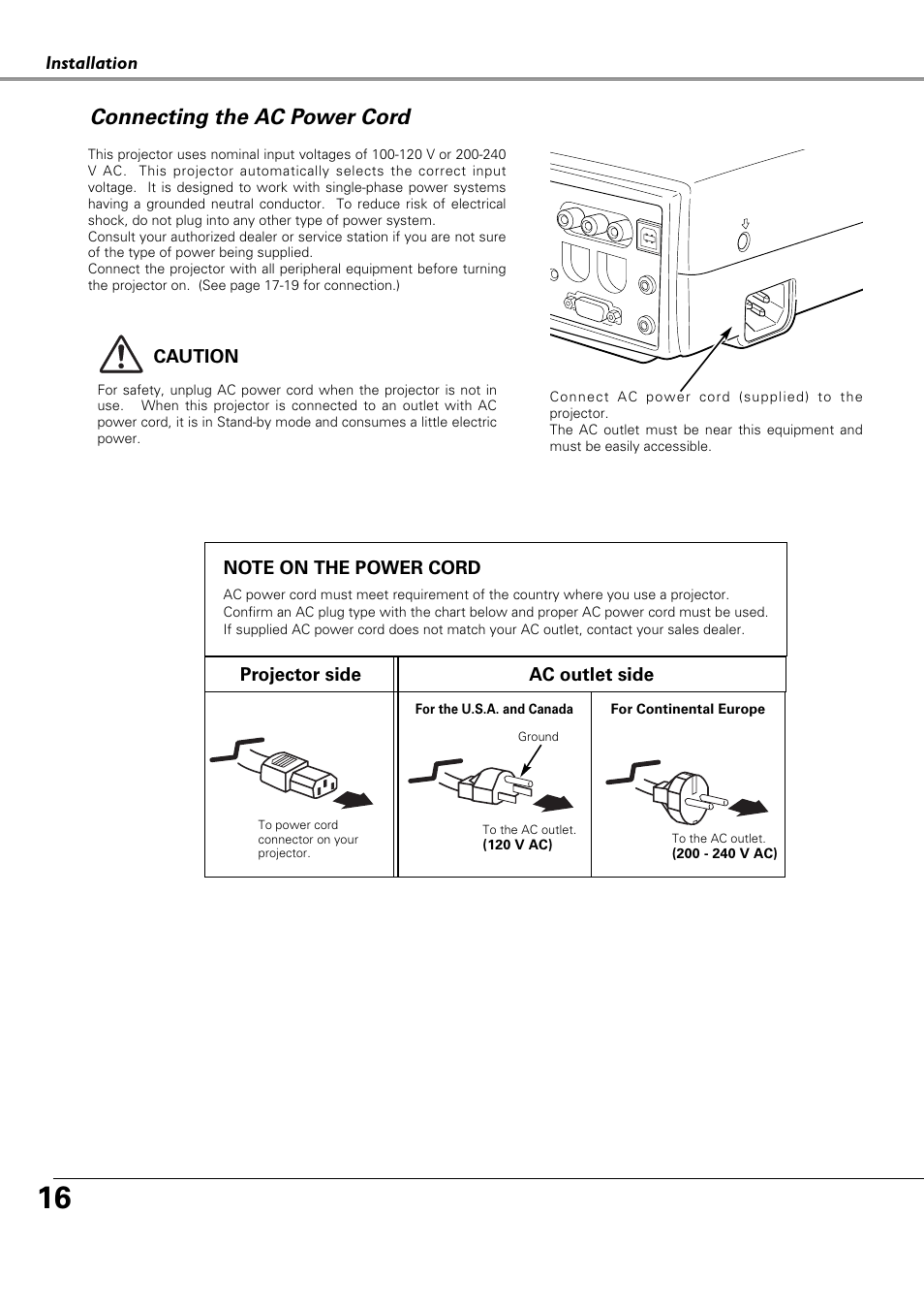 Connecting the ac power cord | Canon LV-X4 LV-7230 User Manual | Page 16 / 64