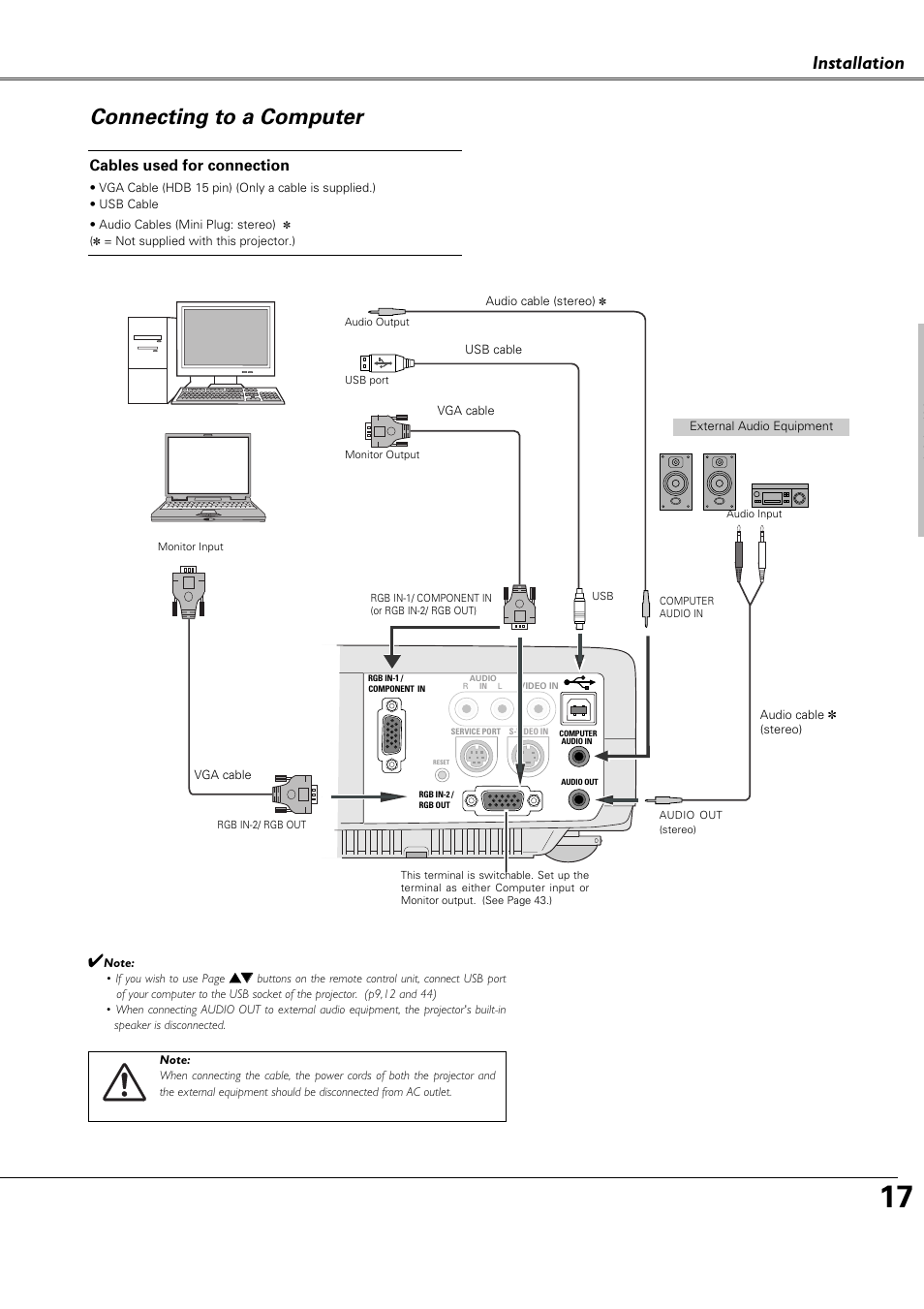 Connecting to a computer, Installation, Sta at o | Cables used for connection | Canon LV-X4 LV-7230 User Manual | Page 17 / 64