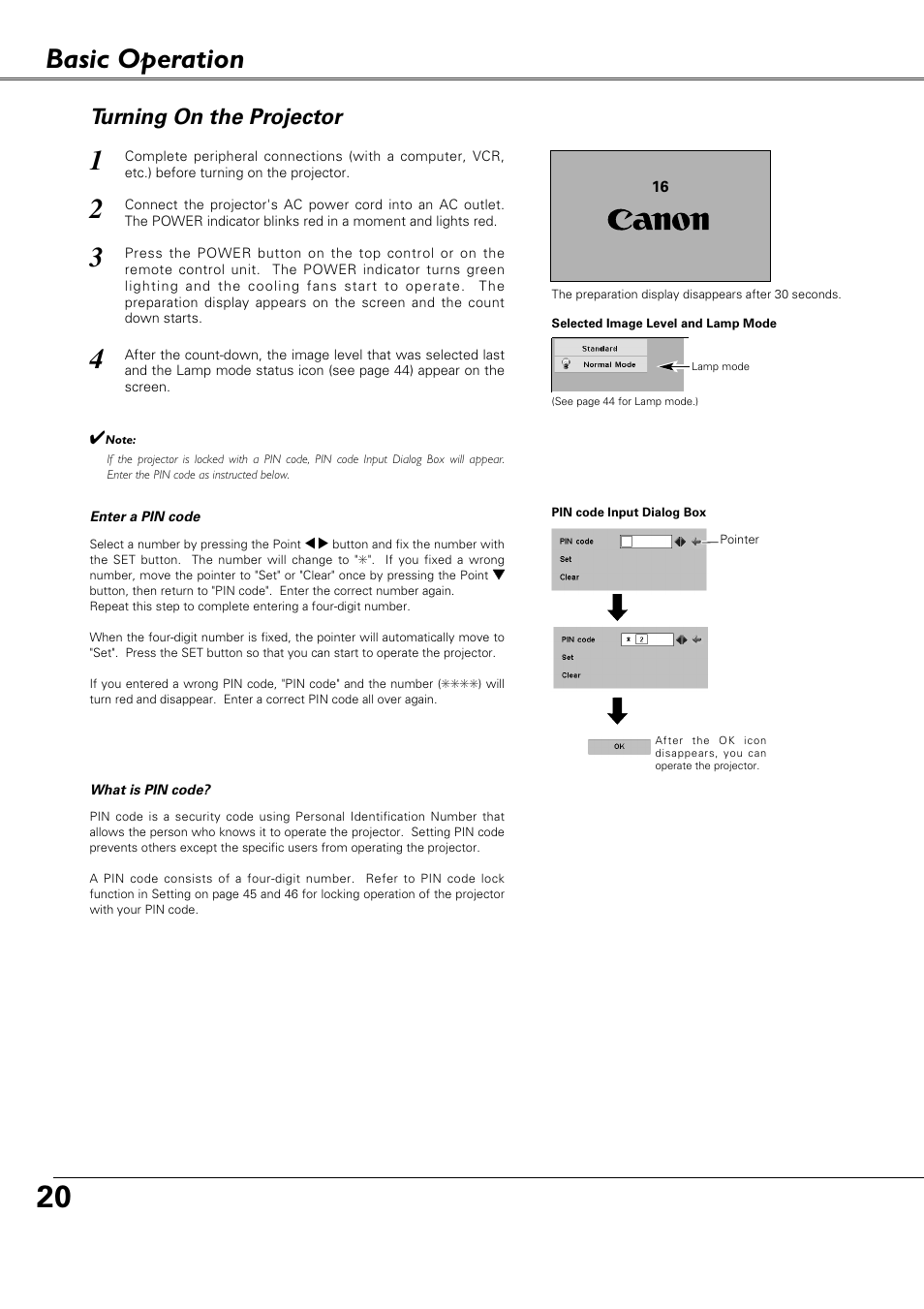 Basic operation, Turning on the projector | Canon LV-X4 LV-7230 User Manual | Page 20 / 64