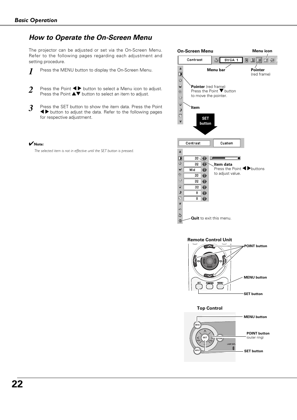 How to operate the on-screen, How to operate the on-screen menu, Basic operation | Canon LV-X4 LV-7230 User Manual | Page 22 / 64