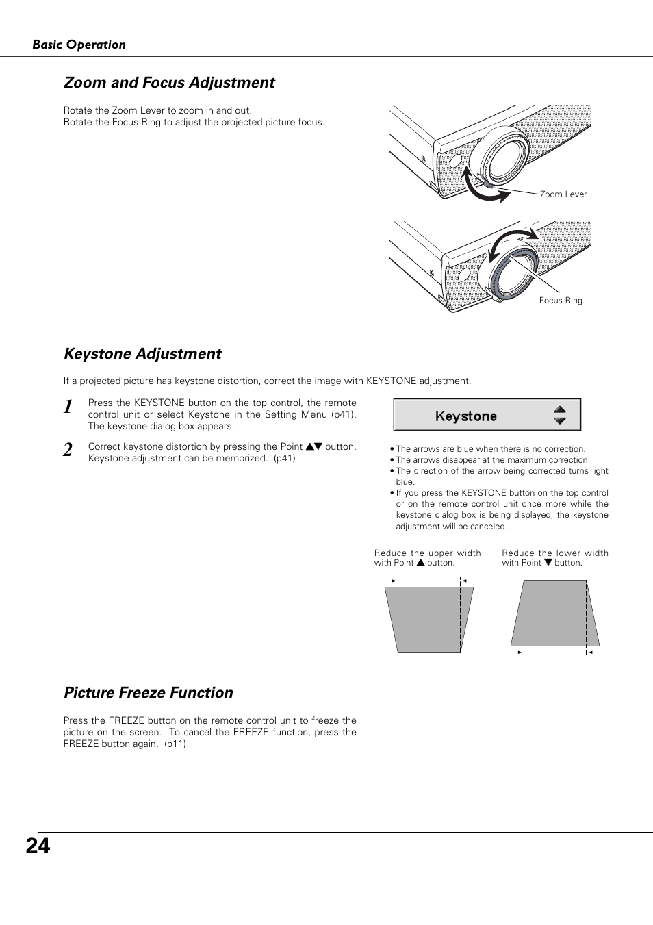 Zoom and focus adjustment, Keystone adjustment, Picture freeze function | Keystone adjustment zoom and focus adjustment | Canon LV-X4 LV-7230 User Manual | Page 24 / 64