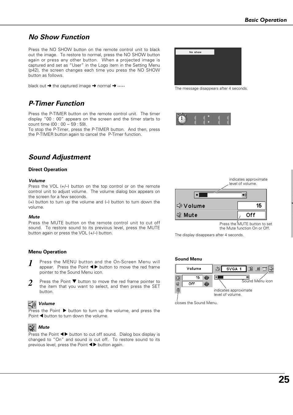 No show function, P-timer function, Sound adjustment | P-timer function no show function, Basic operation | Canon LV-X4 LV-7230 User Manual | Page 25 / 64