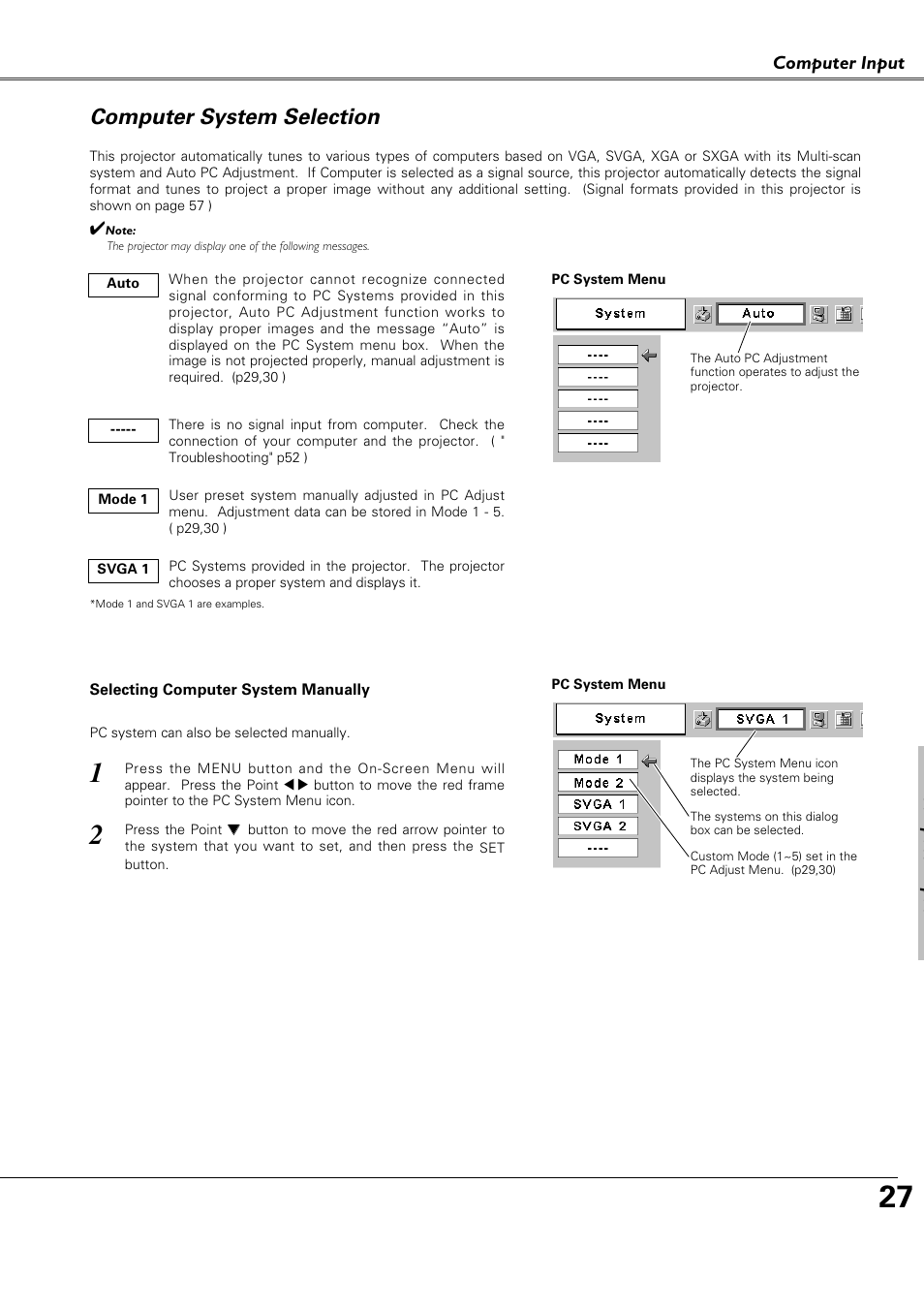 Computer system selection, Computer input | Canon LV-X4 LV-7230 User Manual | Page 27 / 64