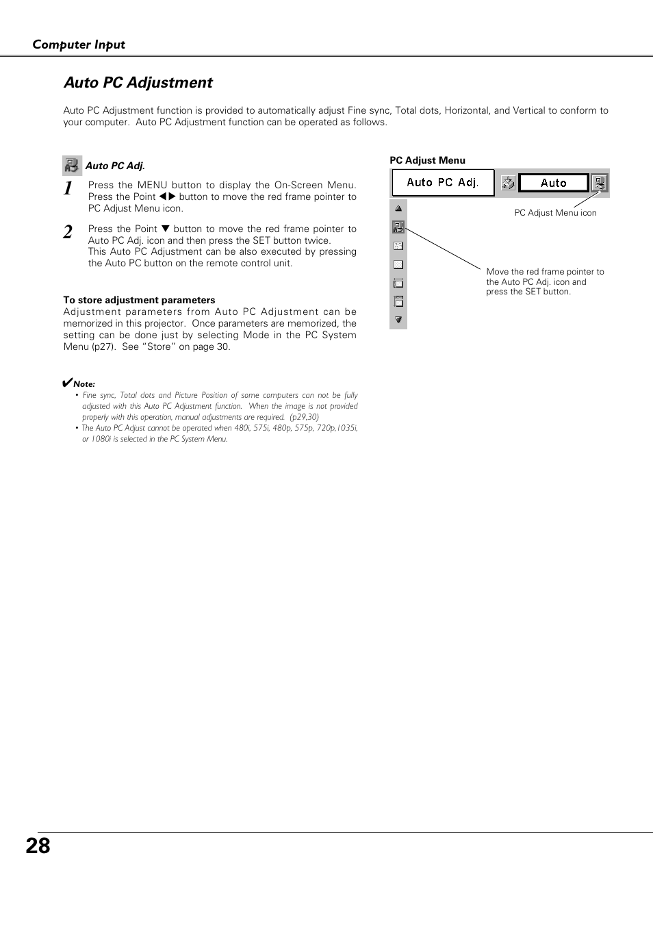 Auto pc adjustment | Canon LV-X4 LV-7230 User Manual | Page 28 / 64