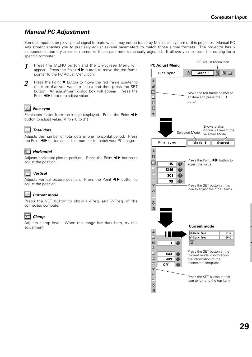 Manual pc adjustment, Computer input | Canon LV-X4 LV-7230 User Manual | Page 29 / 64