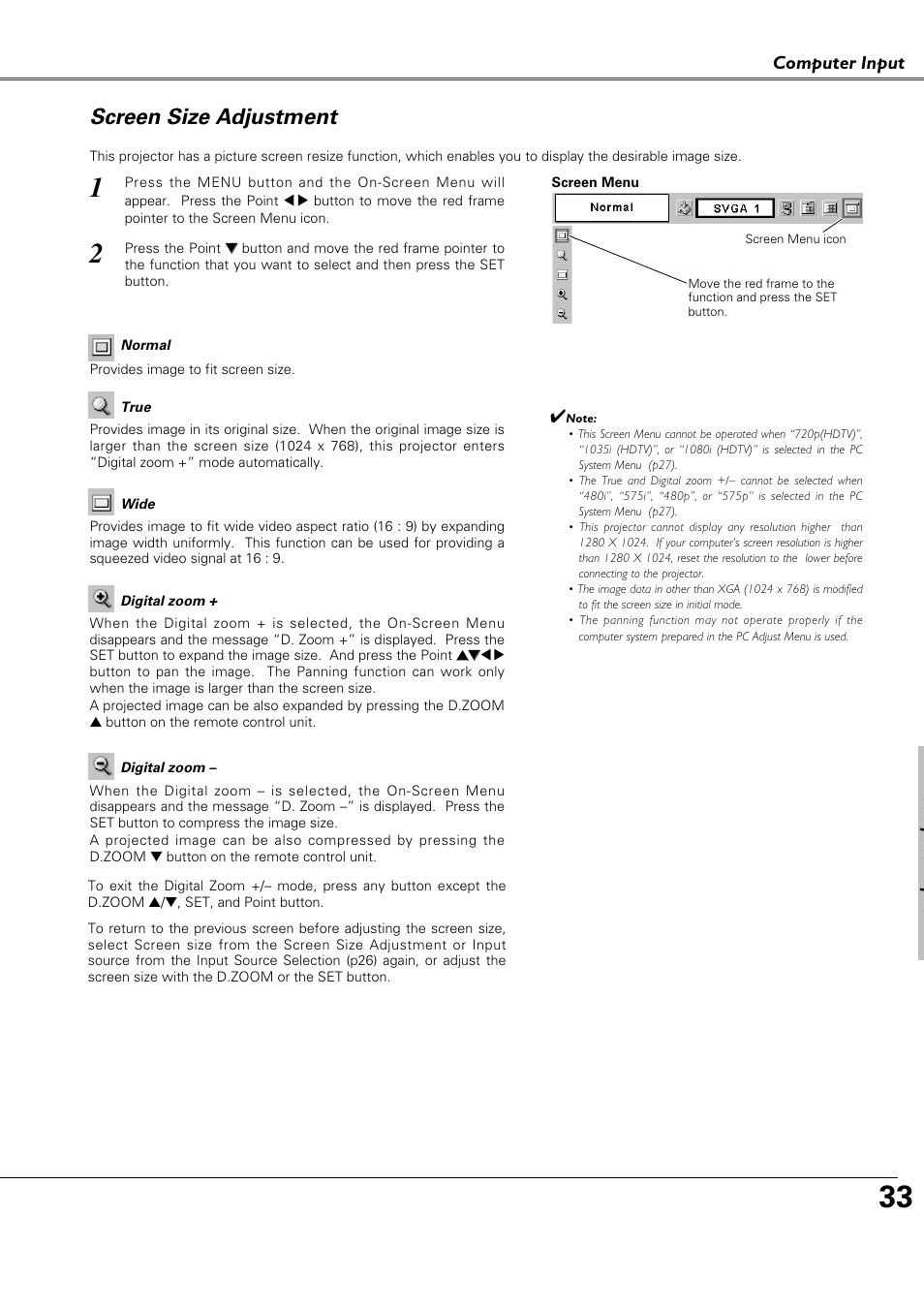 Screen size adjustment, Computer input | Canon LV-X4 LV-7230 User Manual | Page 33 / 64