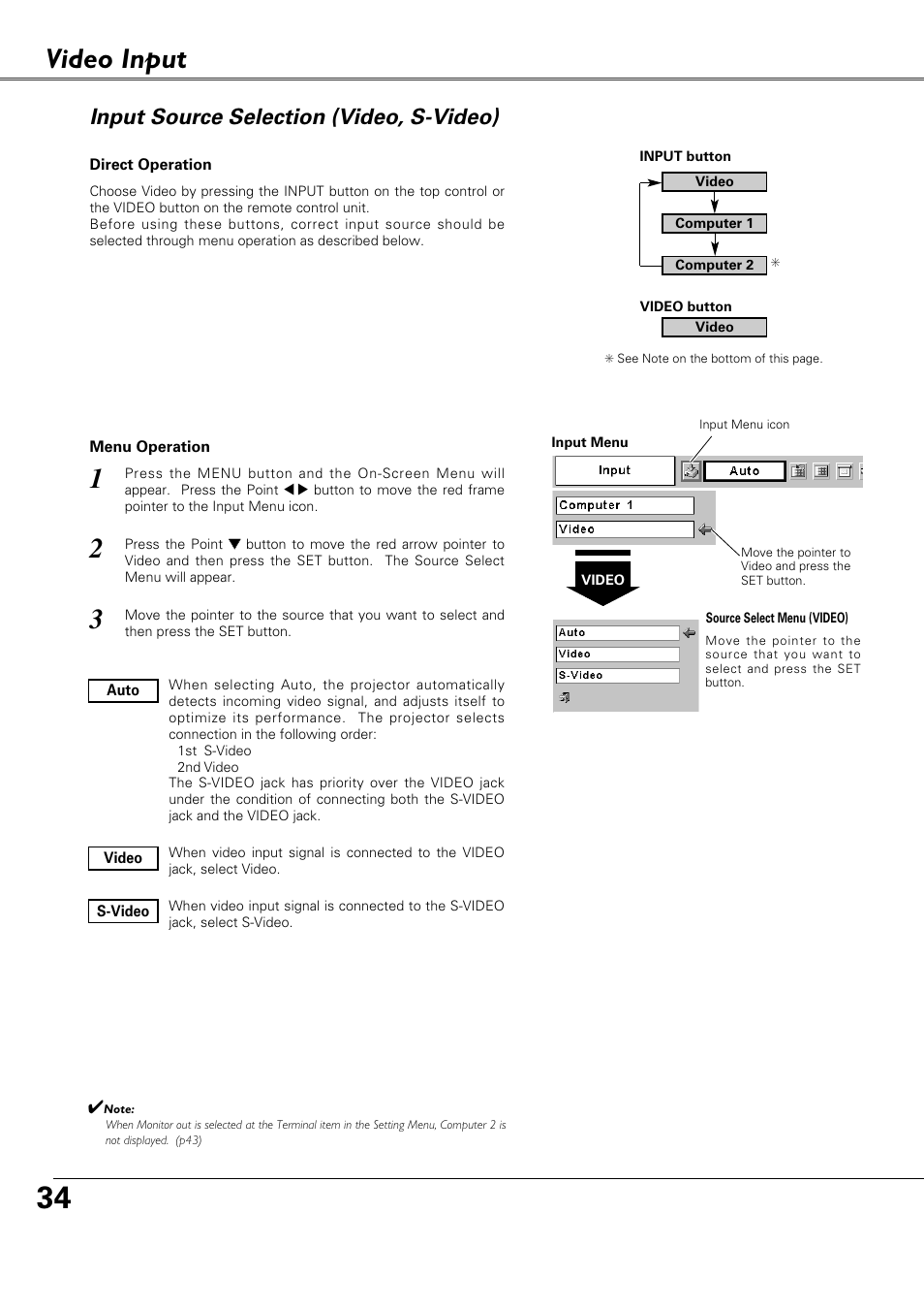 Video input, Input source selection (vide, Input source selection (video, s-video) | Canon LV-X4 LV-7230 User Manual | Page 34 / 64